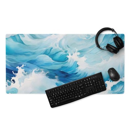 Blue ocean wave design large gaming mouse pad with non-slip base