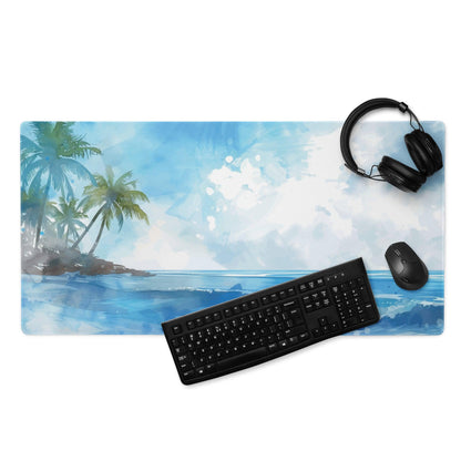 Blue watercolor beach mousepad with palm trees, ocean waves, non-slip bottom