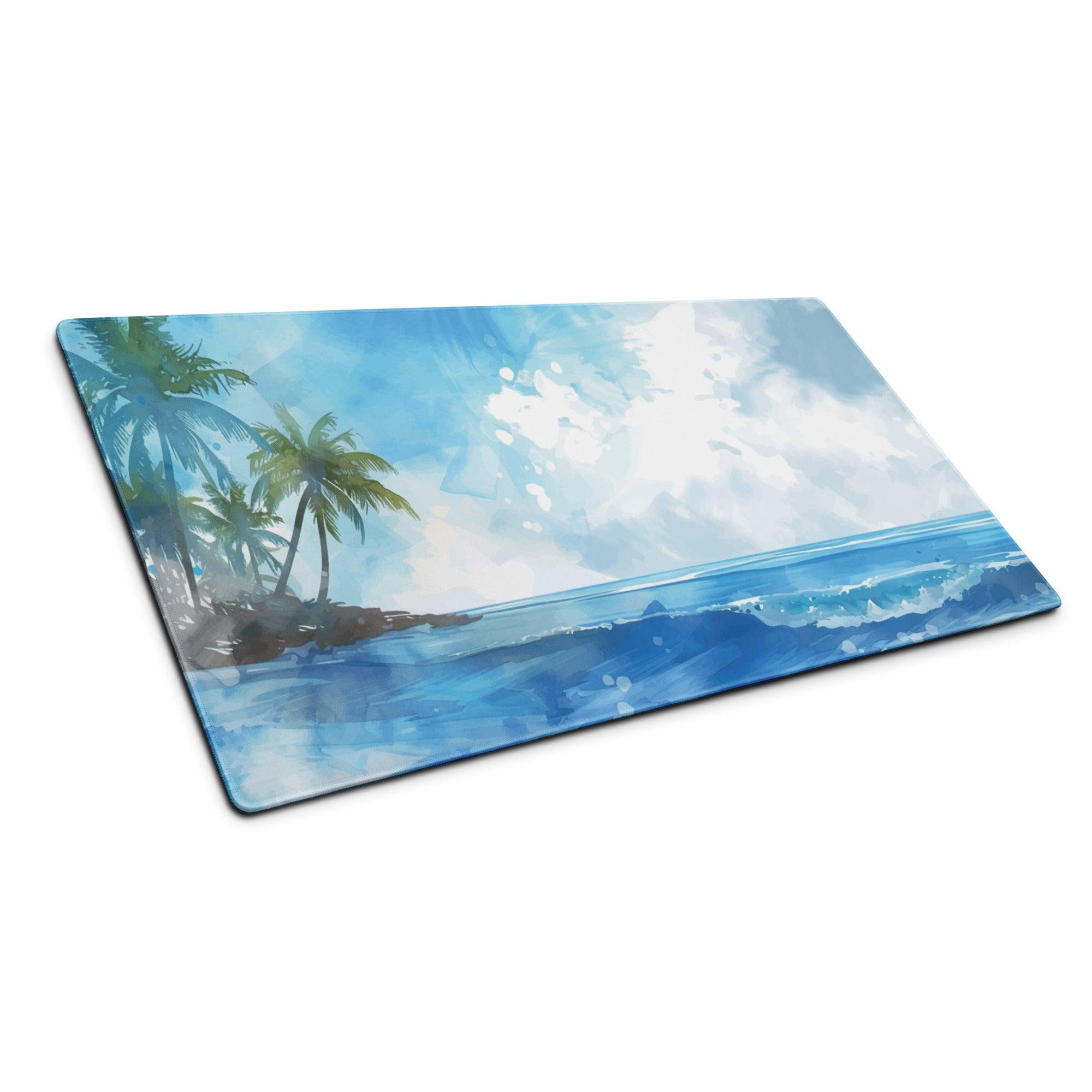 Blue watercolor beach cutting board mouse pad with palm trees and waves
