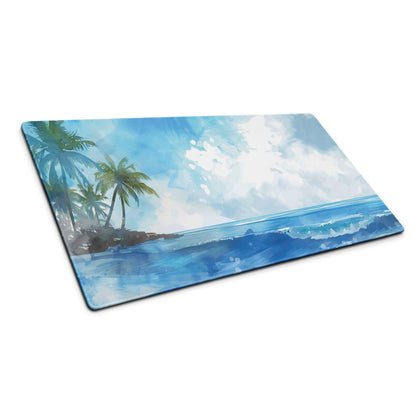 Blue watercolor beach cutting board mouse pad with palm trees and waves