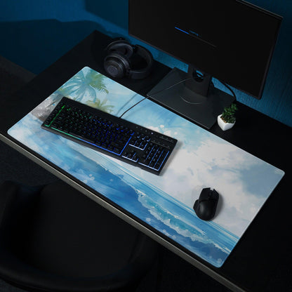 Blue ocean wave gaming mousepad with palm tree and beach design