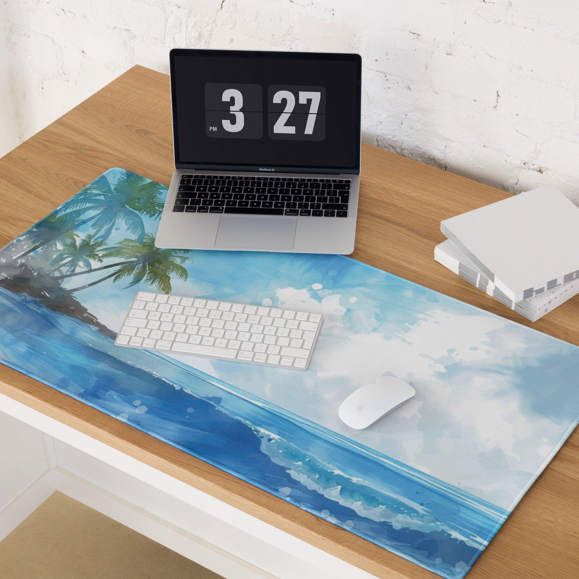 Blue tropical beach mousepad with palm trees, ocean waves, non-slip bottom
