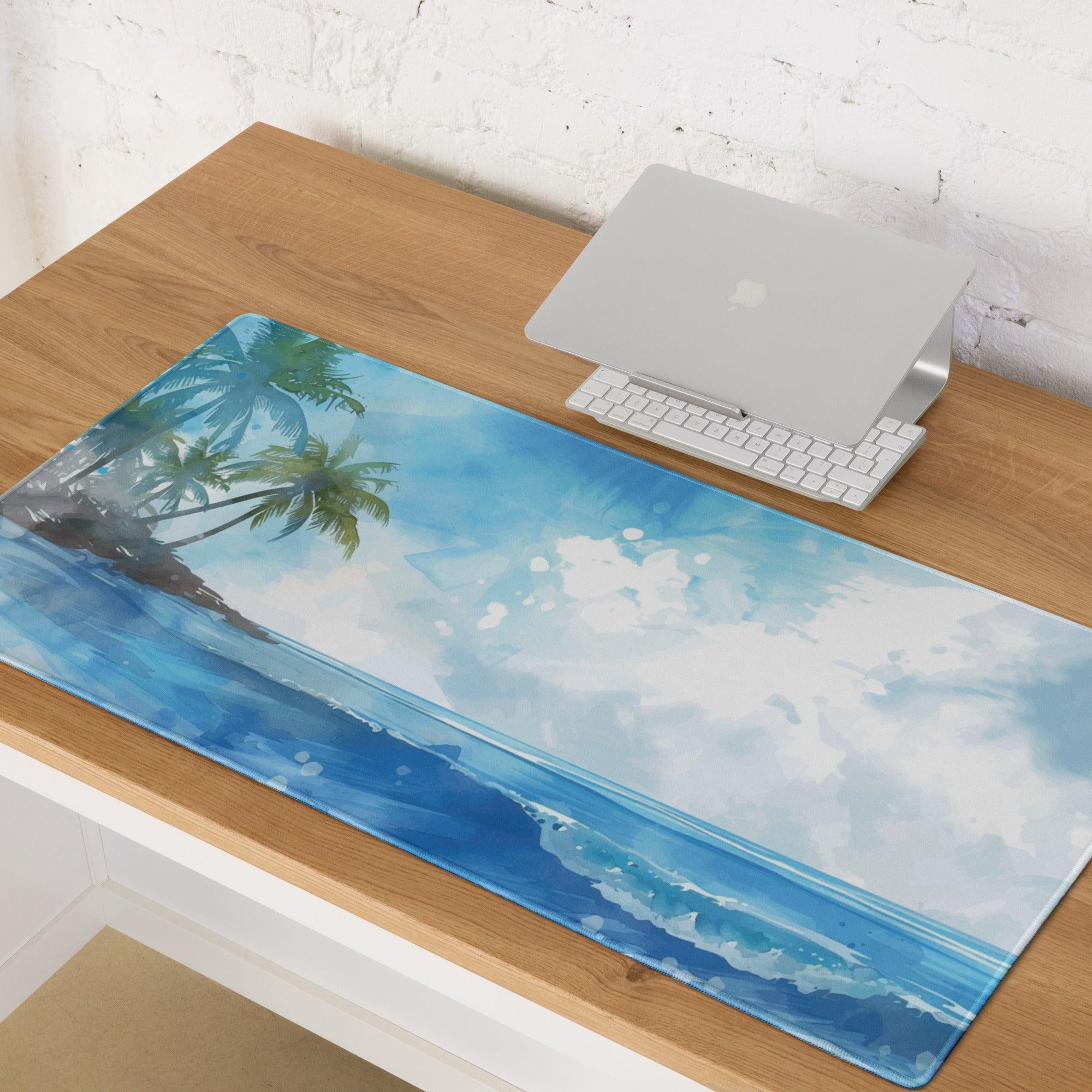 Blue watercolor beach mousepad with palm trees, ocean waves, non-slip bottom