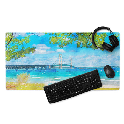 Blue watercolor bridge beach mousepad with green foliage, large gaming pad