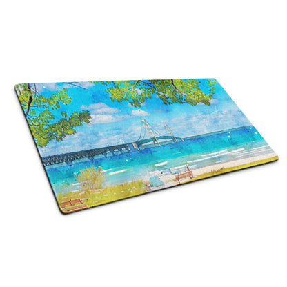 Large watercolor beach scene gaming mouse pad with turquoise ocean, foliage, bridge, edge stitching, non-slip base