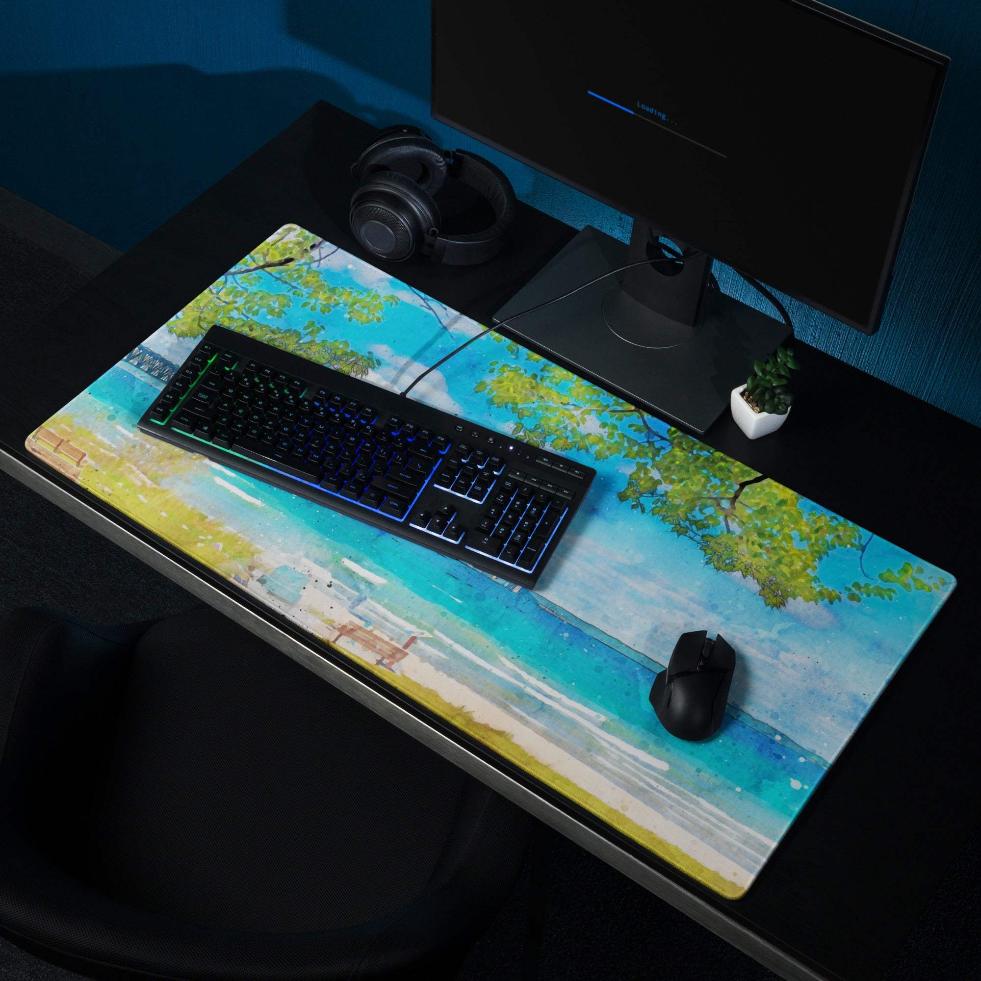 Blue green watercolor beach scene large gaming mouse pad