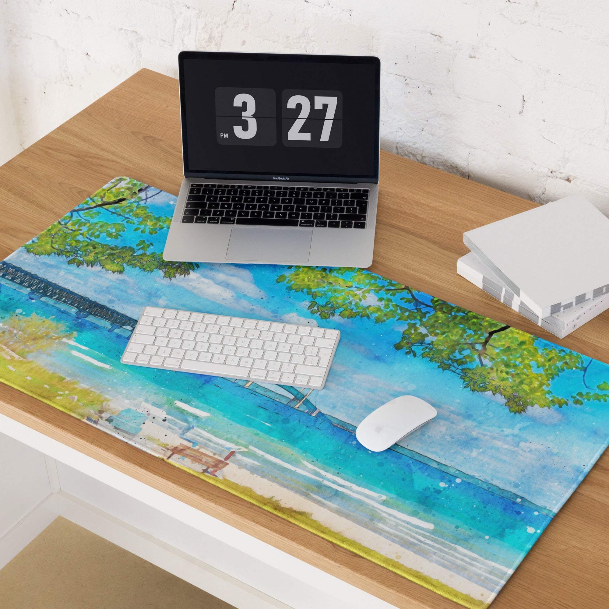 Blue watercolor beach scene large gaming mouse pad with ocean blues
