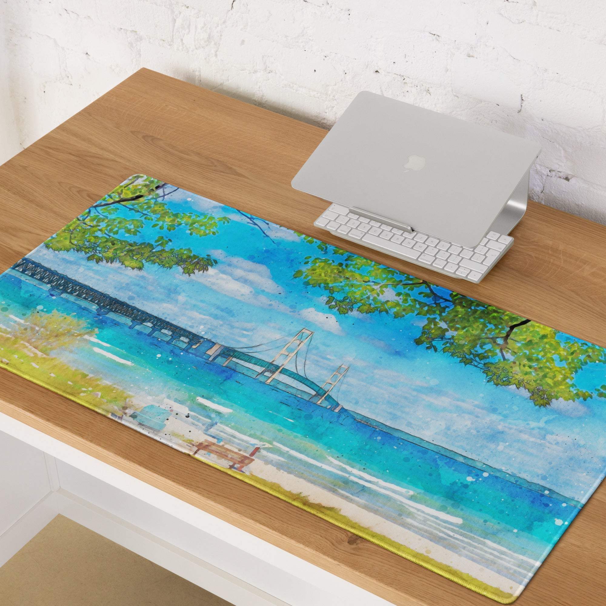 Watercolor beach scene mousepad with vibrant ocean blues, edge stitching, non-slip base