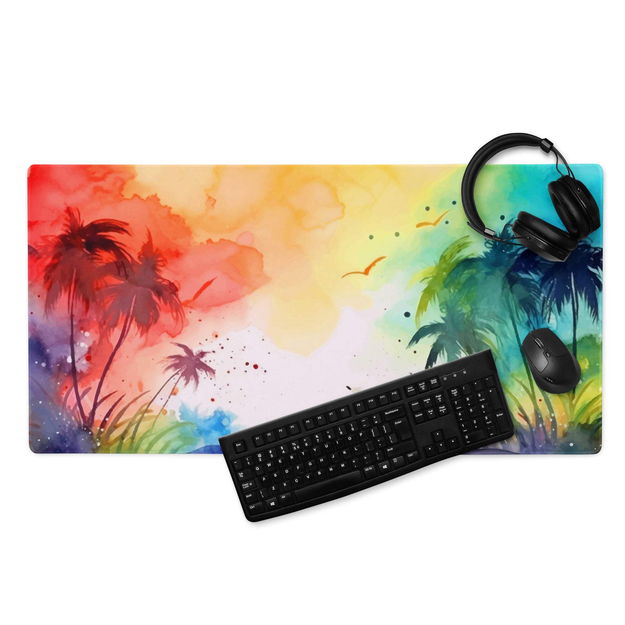 Vibrant rainbow watercolor oasis gaming mouse pad with tropical palms, birds, gradient sky