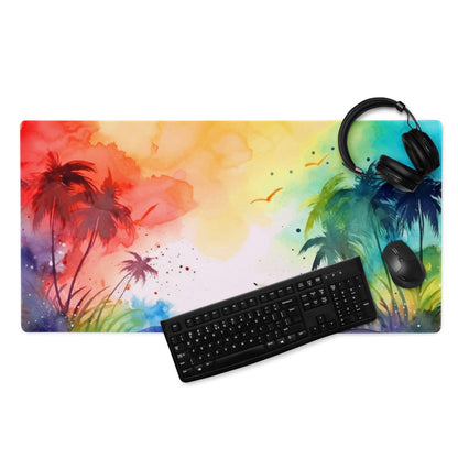 Vibrant rainbow watercolor oasis gaming mouse pad with tropical palms, birds, gradient sky