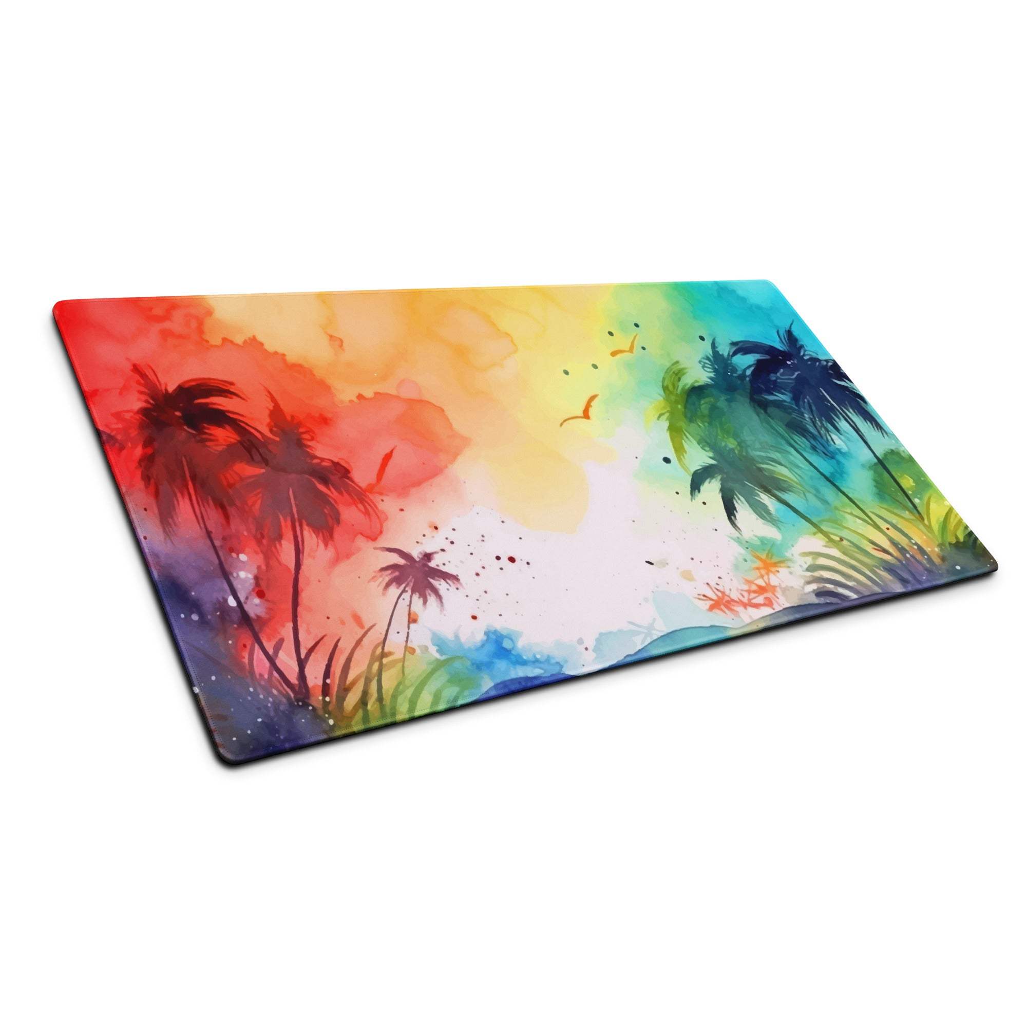 Vibrant rainbow watercolor tropical oasis gaming mouse pad with glass cutting board design
