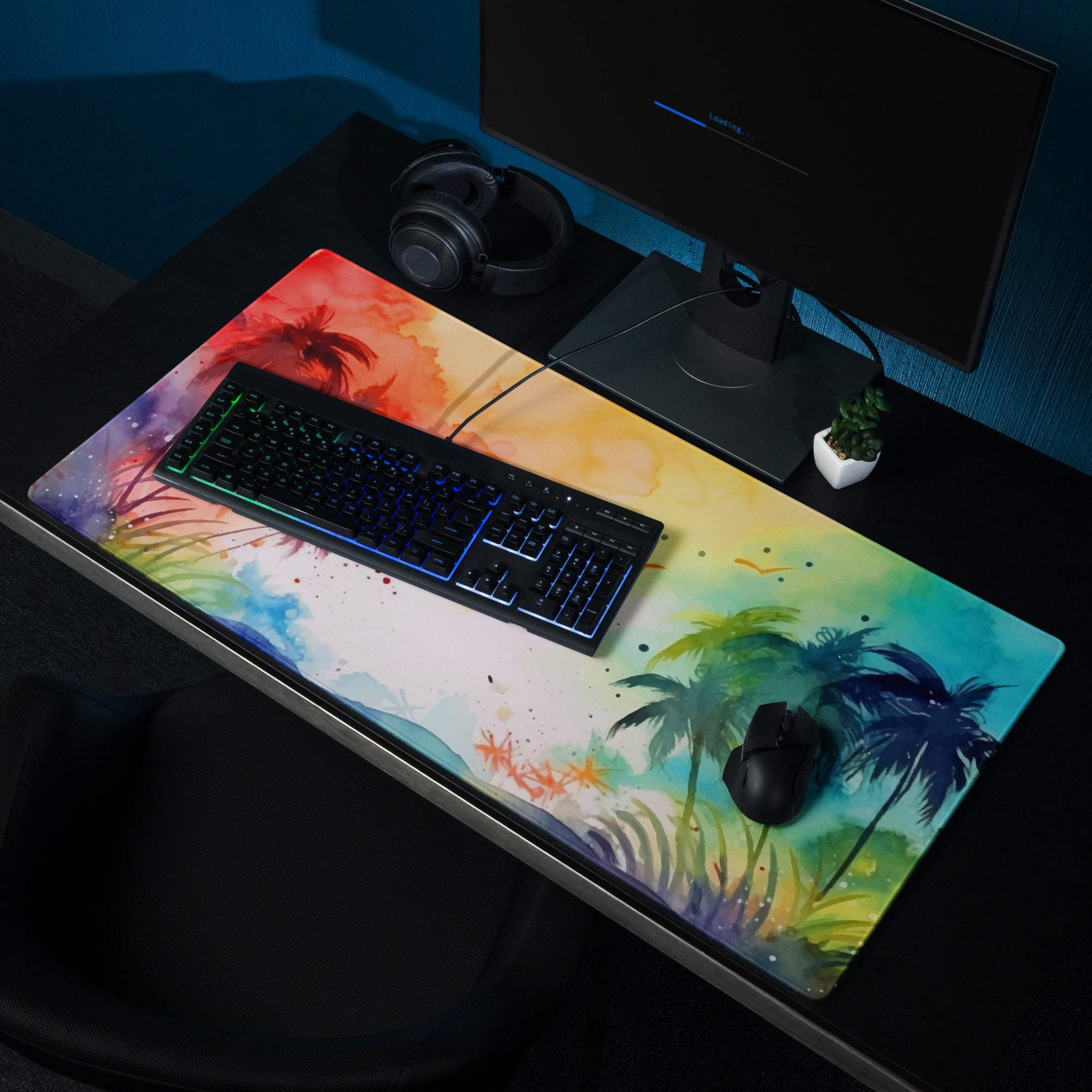Vibrant rainbow watercolor oasis gaming mouse pad with palm trees and gradient sky