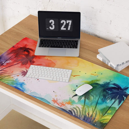 Vibrant watercolor tropical beach mouse pad with palm trees sunset hues