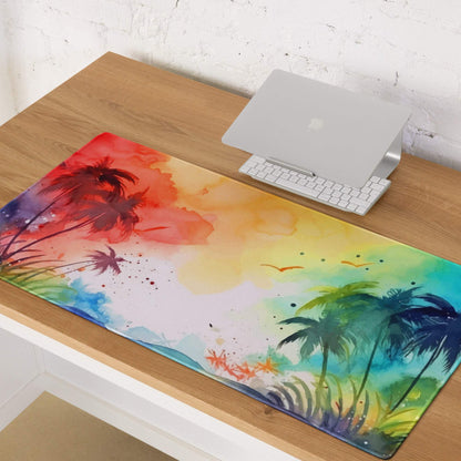 Vibrant rainbow watercolor tropical beach mousepad with palm trees and birds