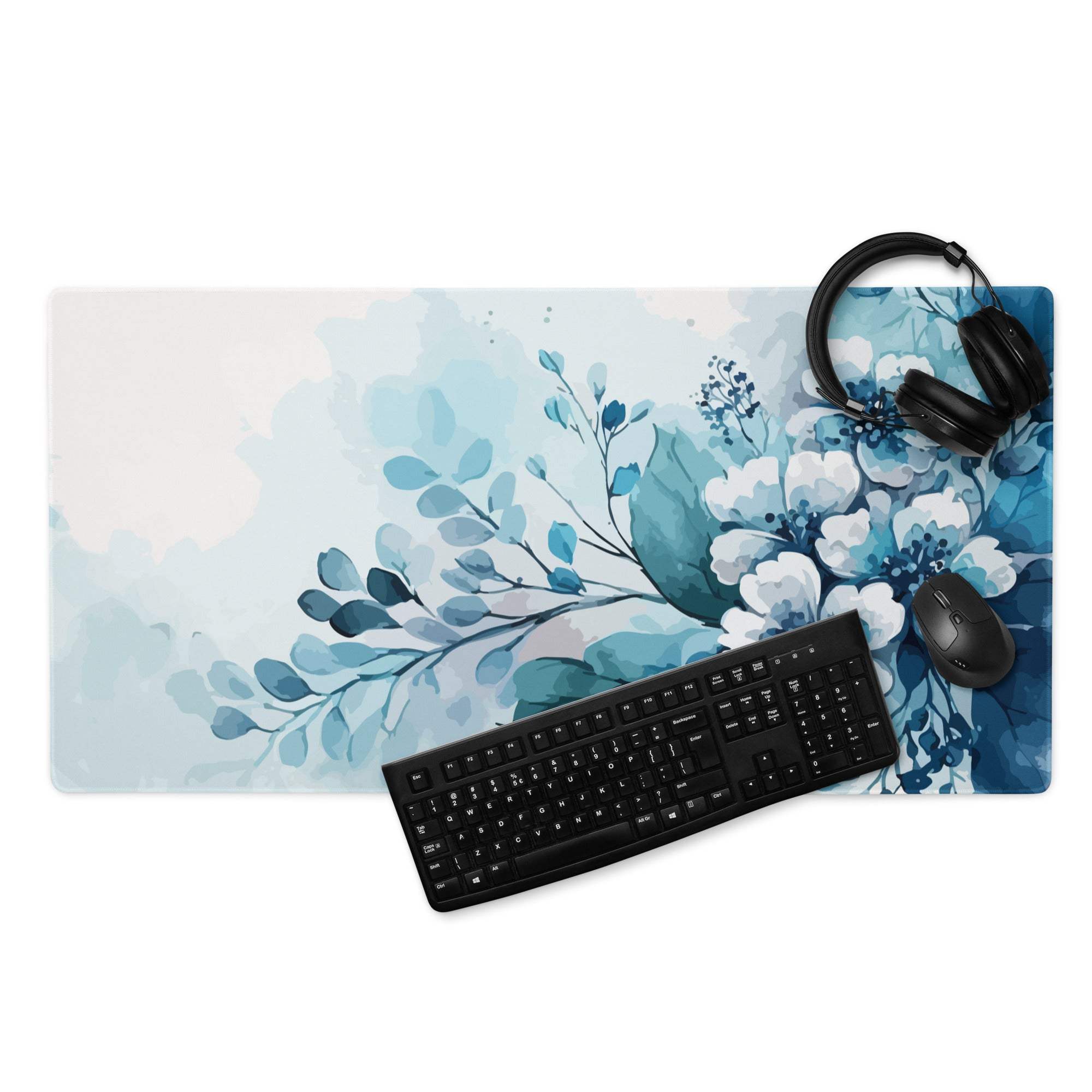 Blue floral watercolor large gaming mouse pad with non-slip base