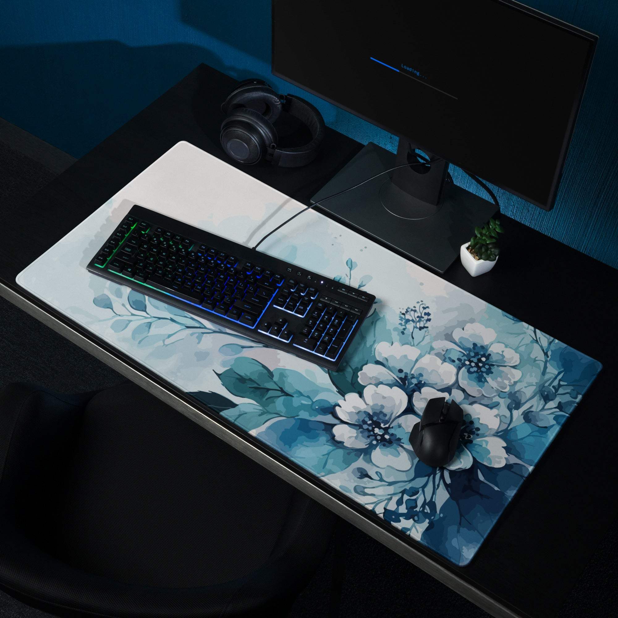 Blue floral large gaming mouse pad with non-slip base and stitched edges