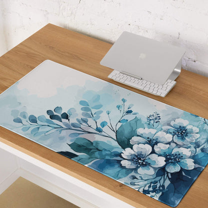 Blue floral large gaming mouse pad with watercolor blossoms, non-slip base, stitched edges