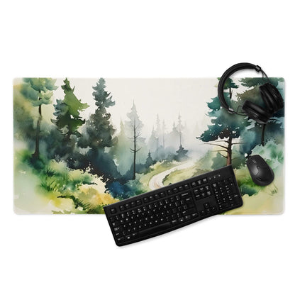 Large forest watercolor gaming mouse pad with non-slip backing and edge stitching