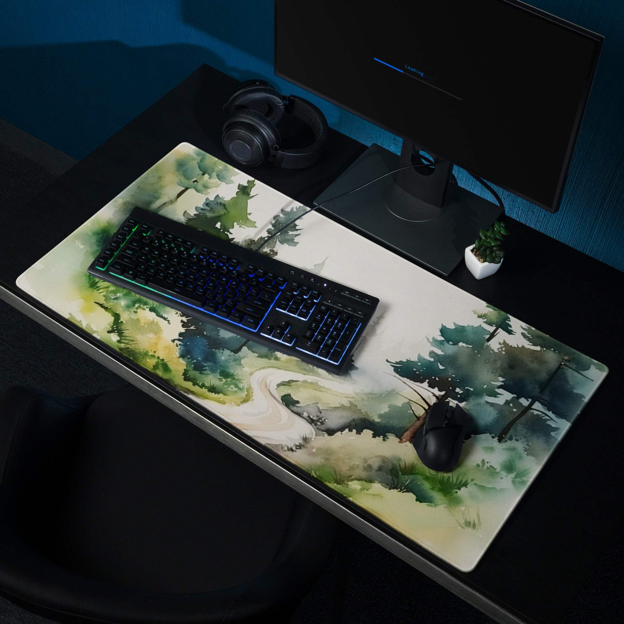 Large forest watercolor gaming mouse pad with non-slip backing for Dota CSGO