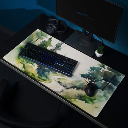 Large forest watercolor gaming mouse pad with non-slip backing for Dota CSGO