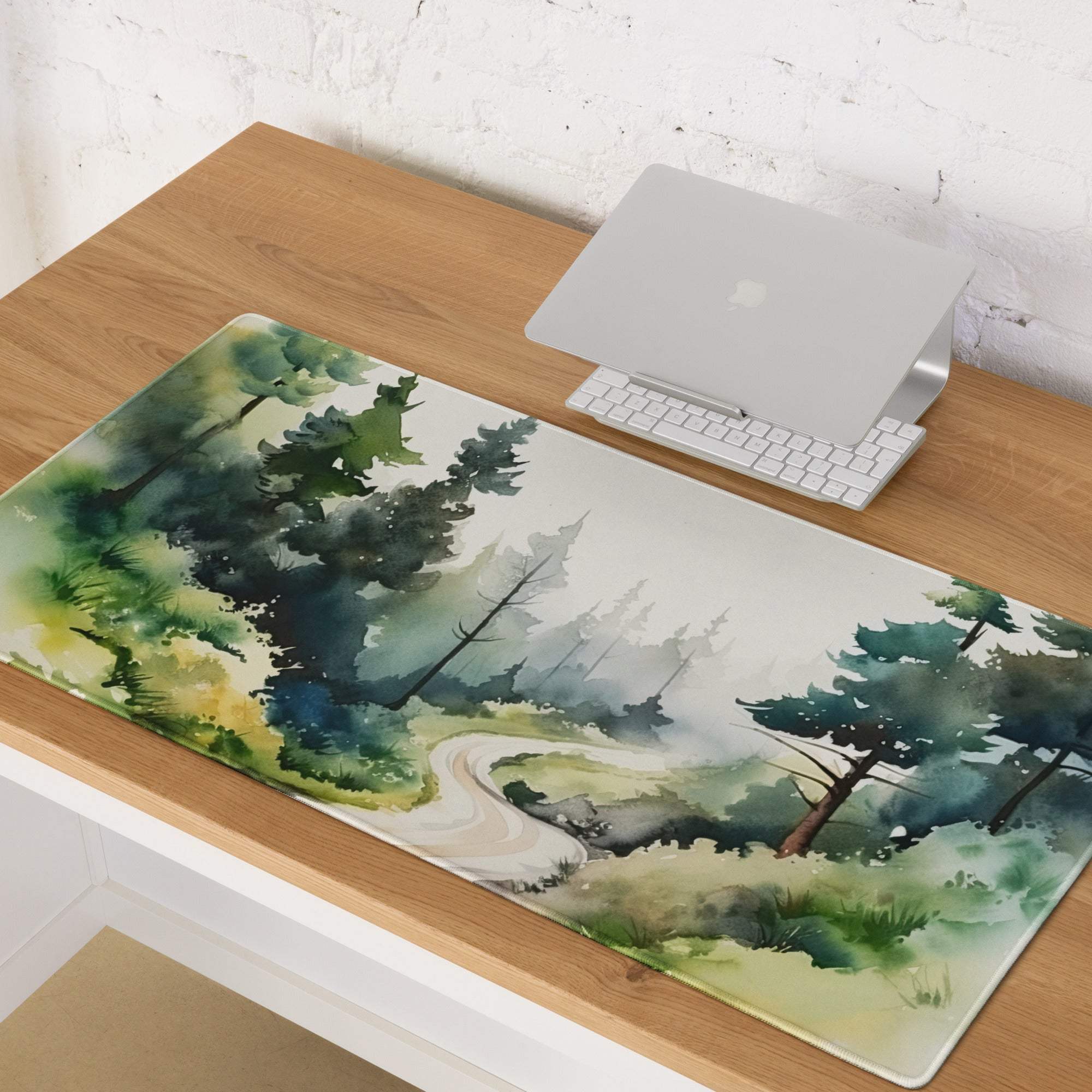 Large forest watercolor gaming mouse pad with path, trees, non-slip backing