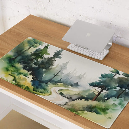 Large forest watercolor gaming mouse pad with path, trees, non-slip backing