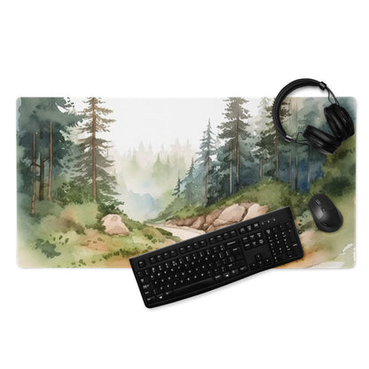Large watercolor forest gaming mouse pad with misty pines, path, non-slip backing