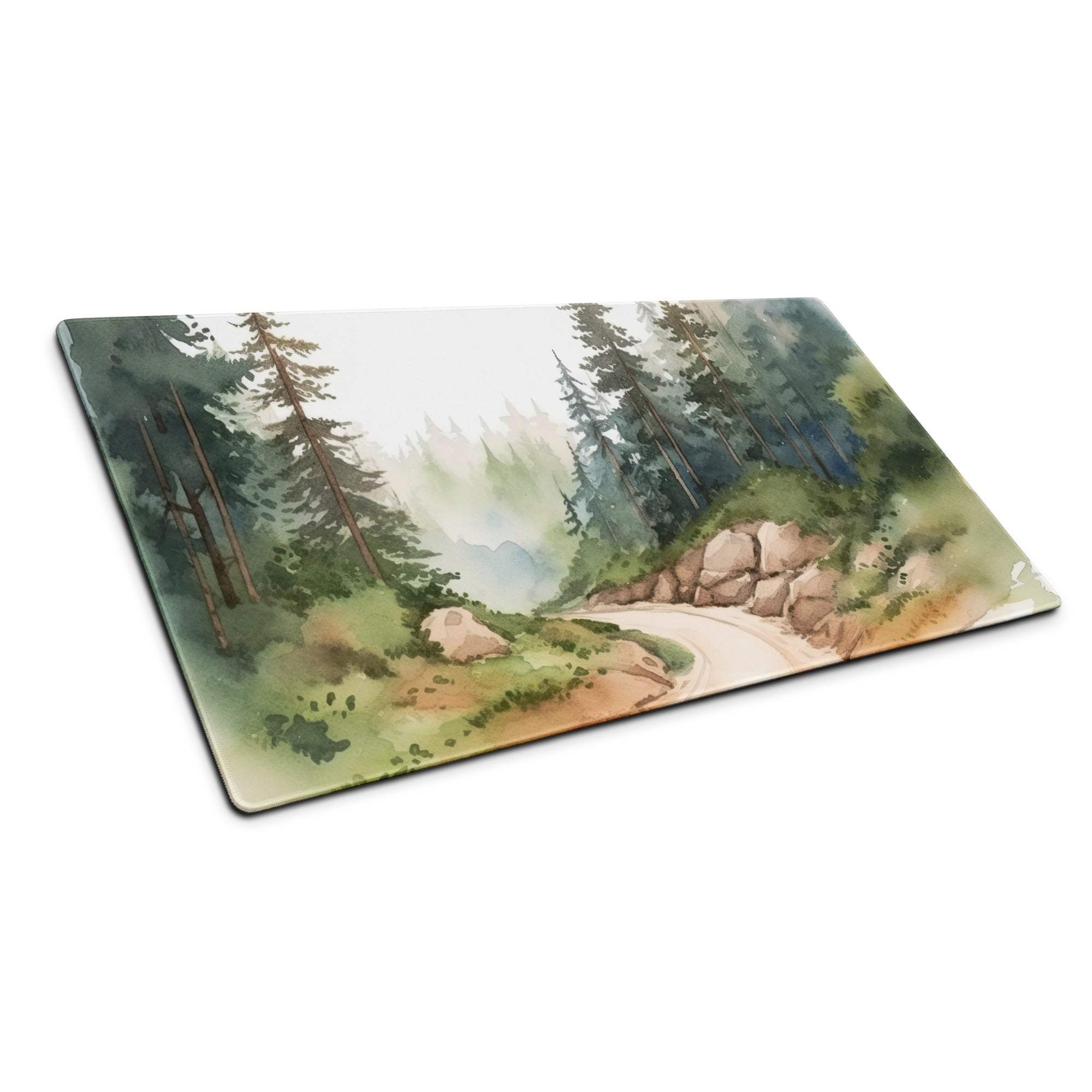 Rectangular watercolor forest glass cutting board with misty pines and path