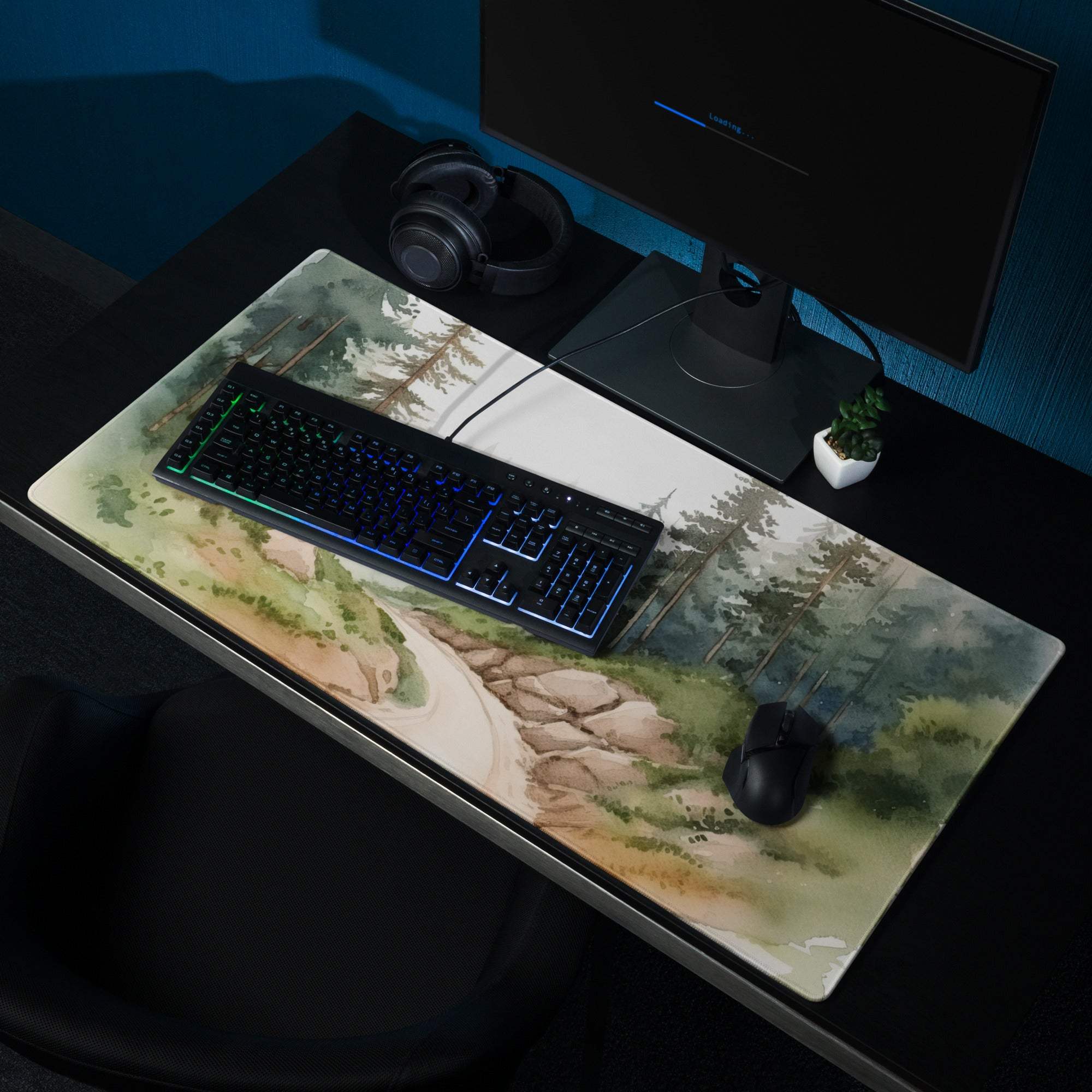 Watercolor forest gaming mouse pad in calm green tones, large non-slip