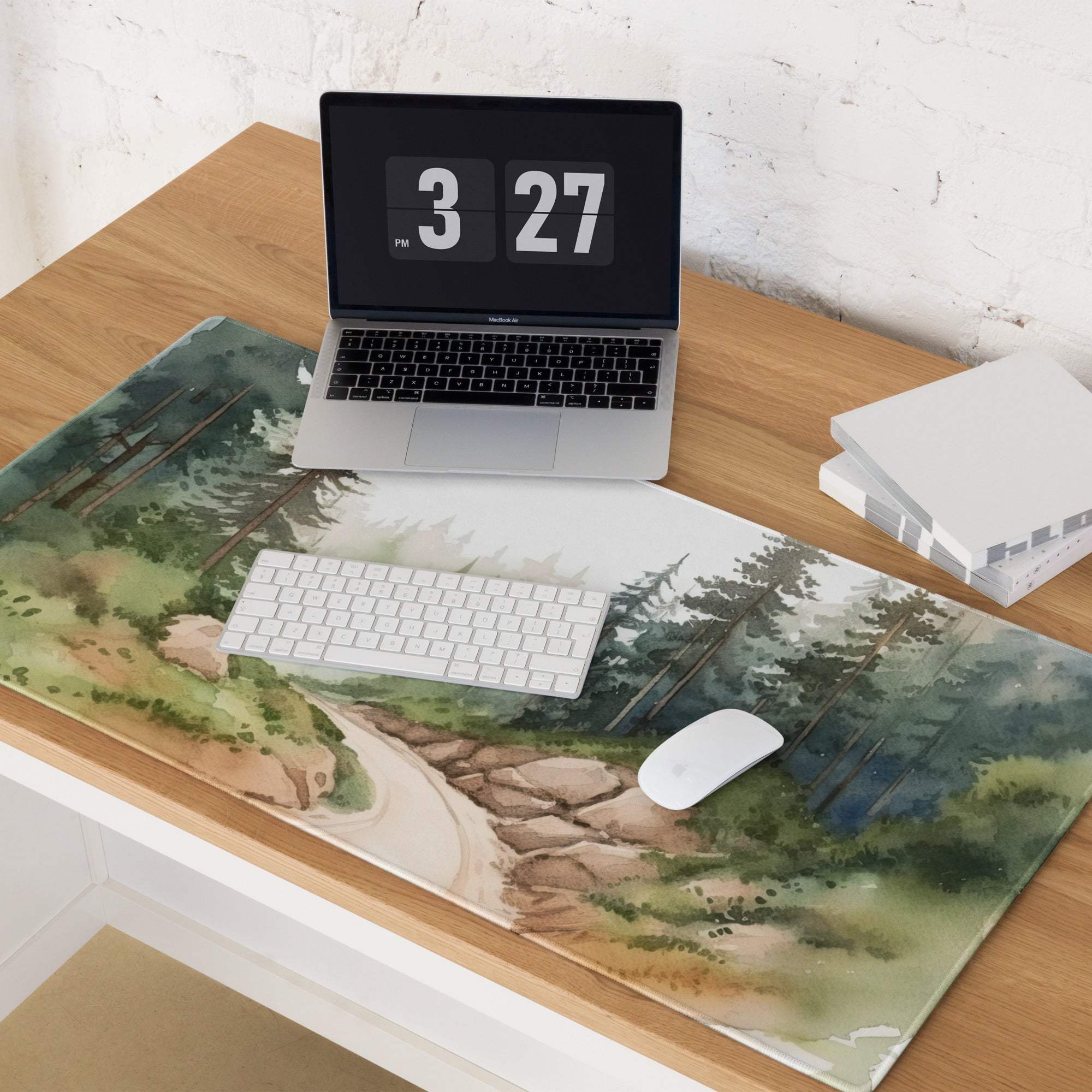 Watercolor forest landscape gaming mouse pad in calm green tones