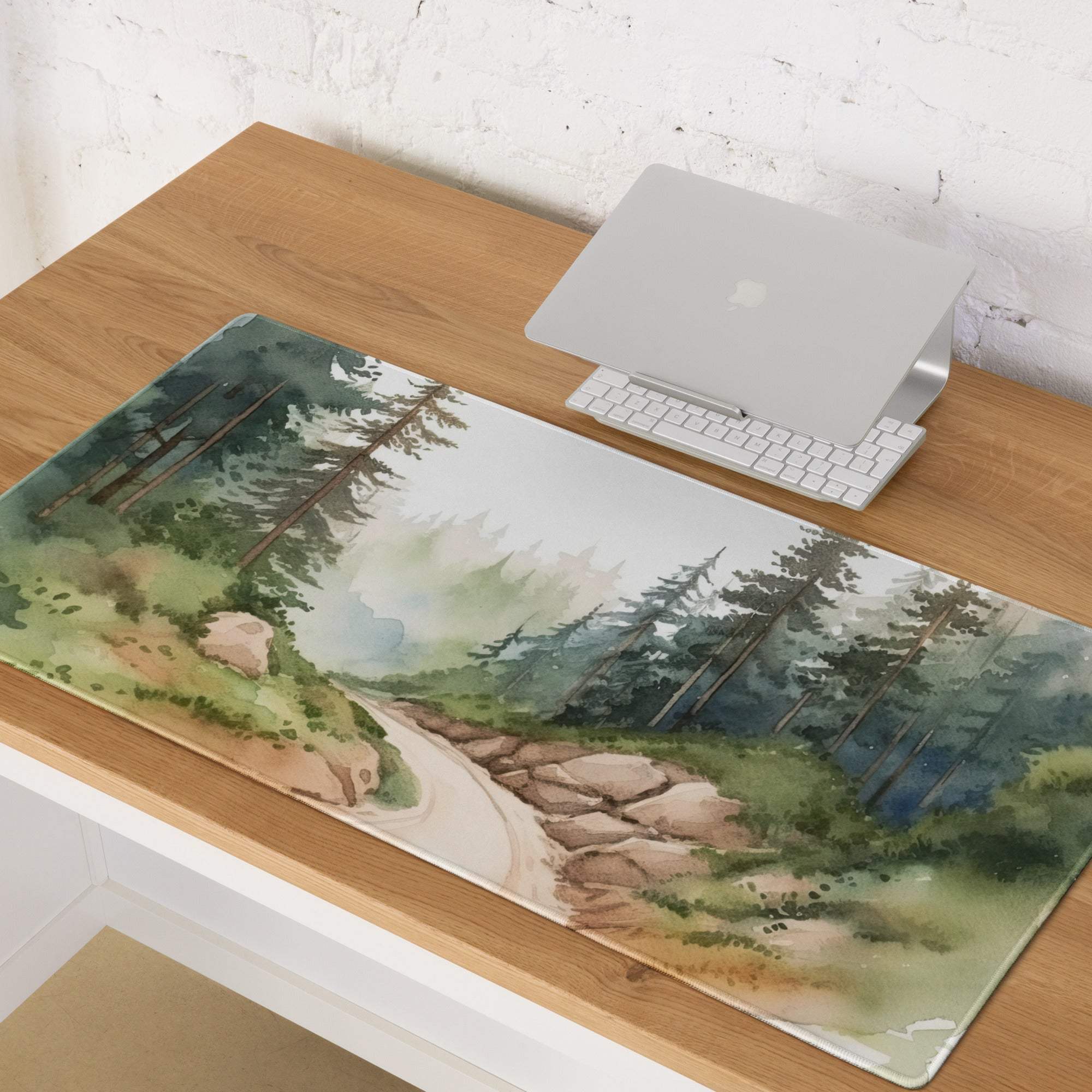 Watercolor forest gaming mouse pad in calm green tones, large non-slip