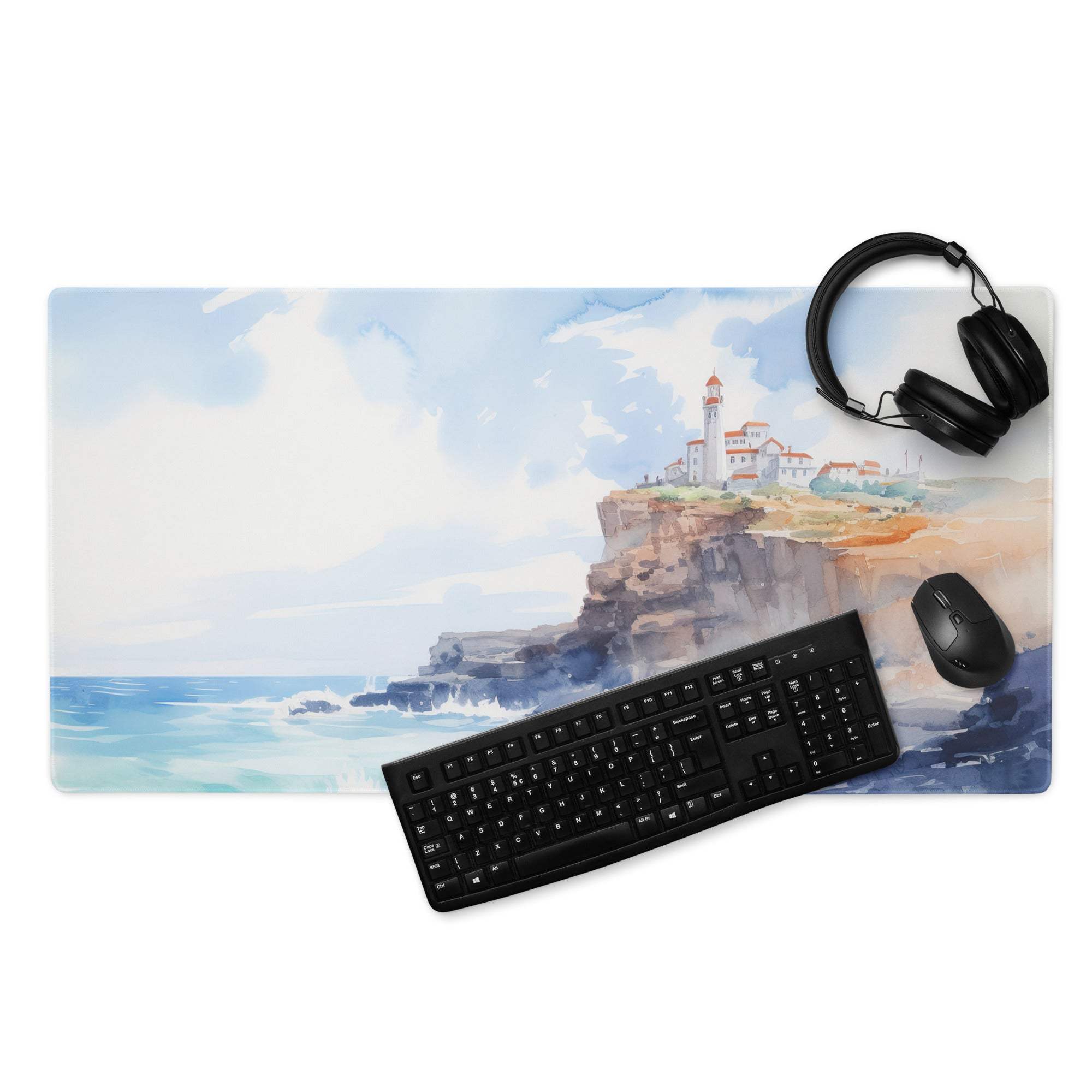 Watercolor coastal lighthouse mouse pad in calm blues, large non-slip gaming design