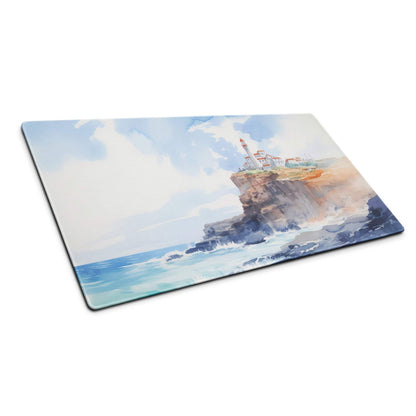 Watercolor lighthouse glass cutting board on coastal cliffs with ocean view