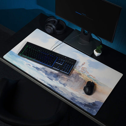 Watercolor coastal lighthouse gaming mouse pad in calm blues, large non-slip
