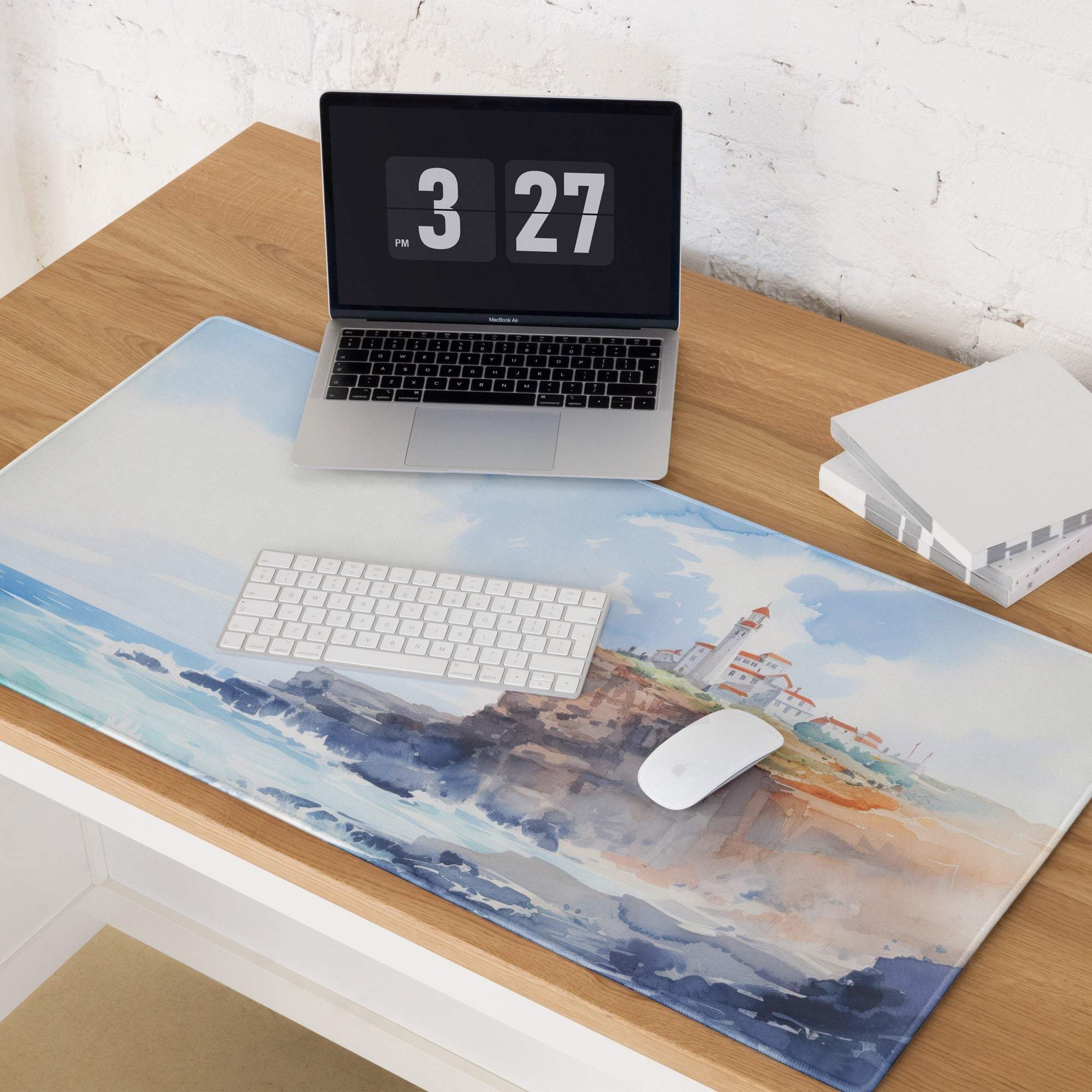 Watercolor coastal lighthouse mouse pad with cliffs, waves, non-slip base