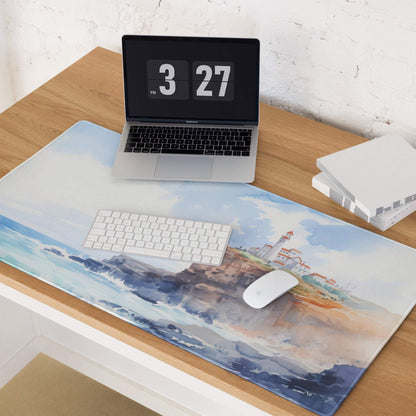 Watercolor coastal lighthouse mouse pad with cliffs, waves, non-slip base