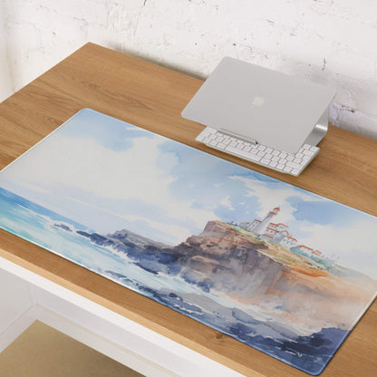 Watercolor coastal lighthouse mouse pad with waves, cliffs, non-slip base