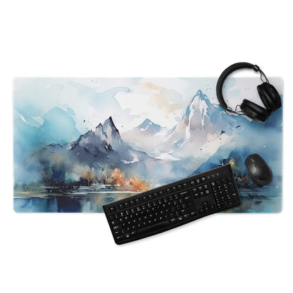 Blue watercolor mountain landscape gaming mousepad with non-slip edges