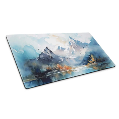 Rectangular glass cutting board with watercolor mountain landscape in blue hues