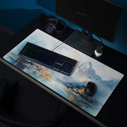 Watercolor mountain landscape gaming mouse pad in cool blue hues