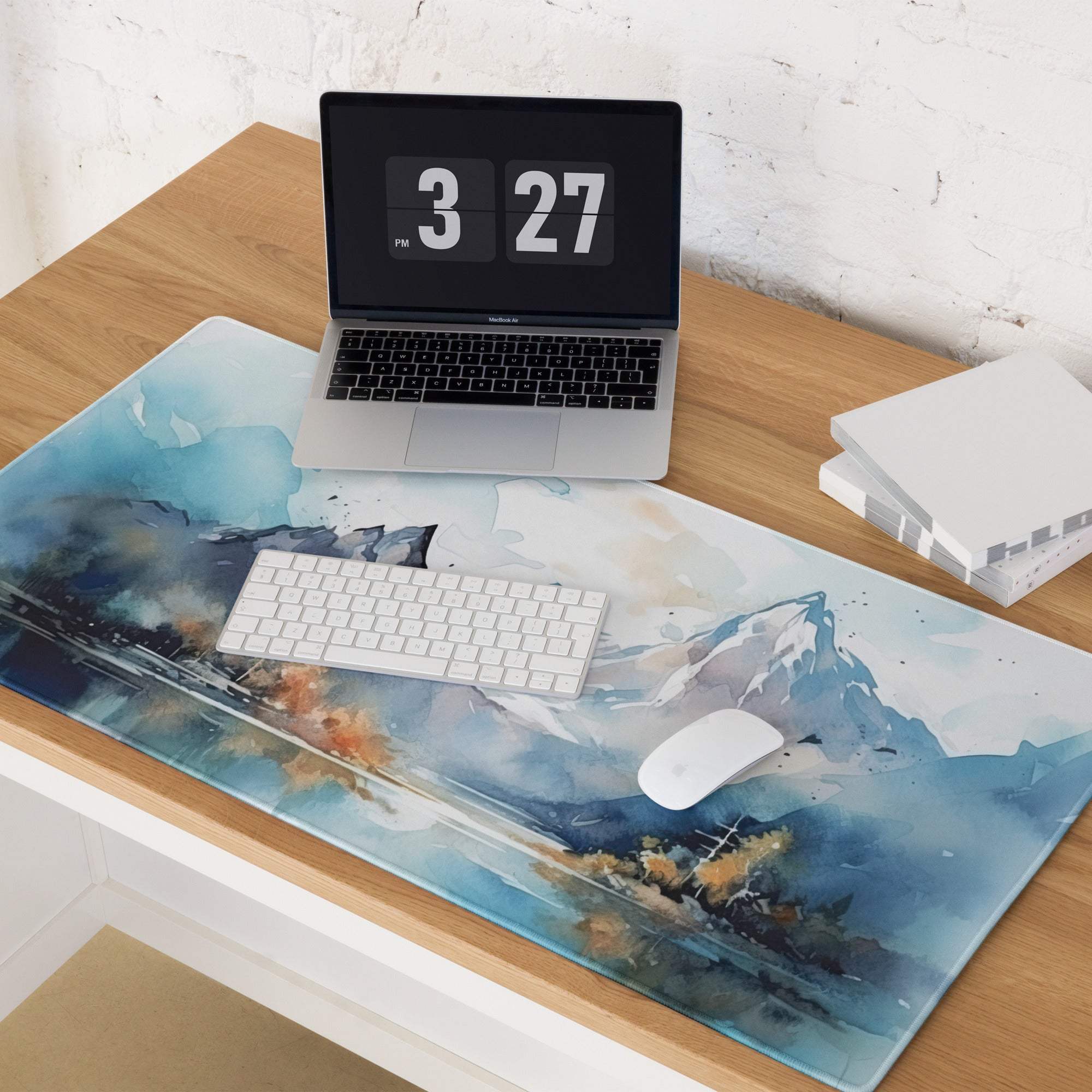 Blue watercolor mountain landscape gaming mouse pad desk mat