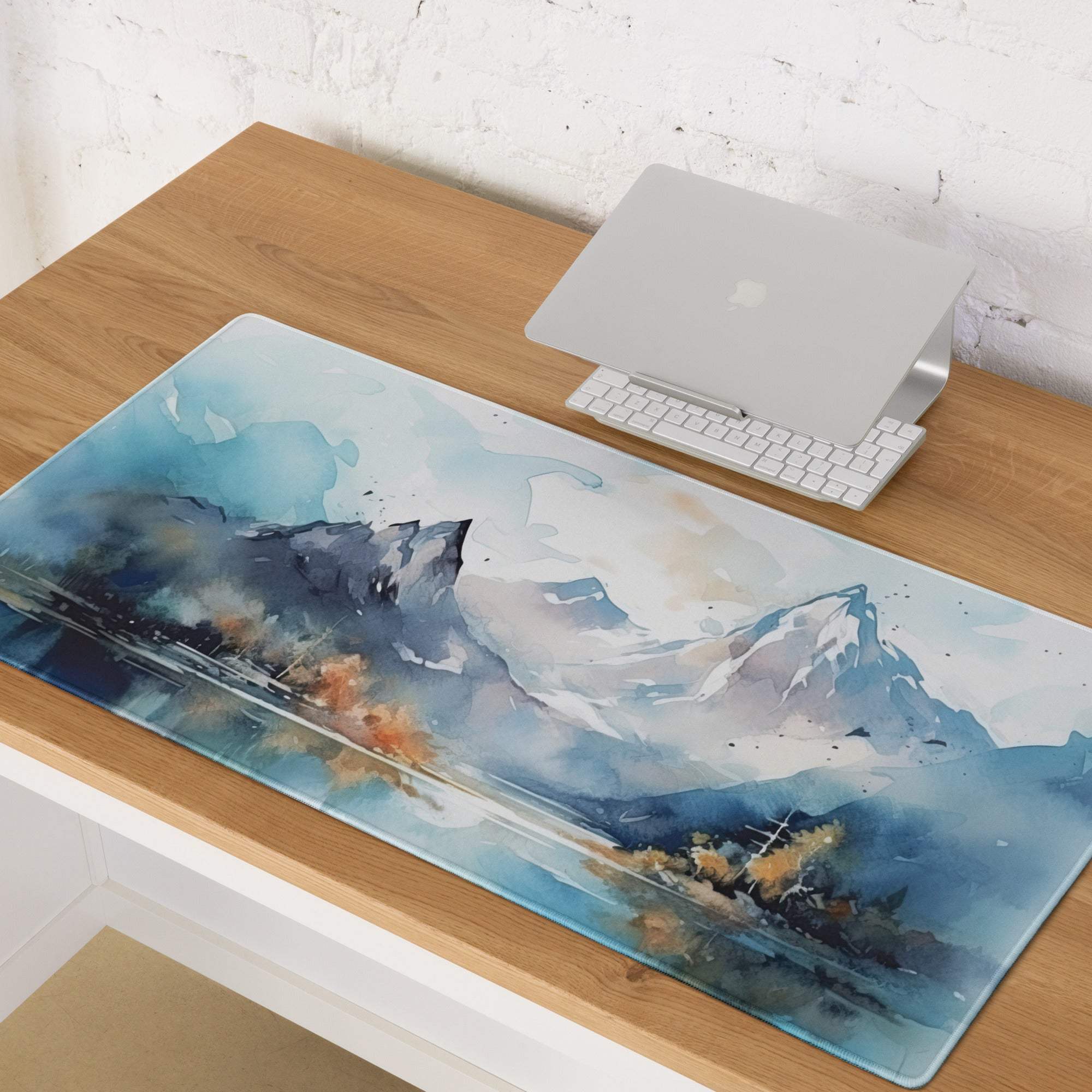 Blue watercolor mountain landscape gaming mouse pad, large non-slip