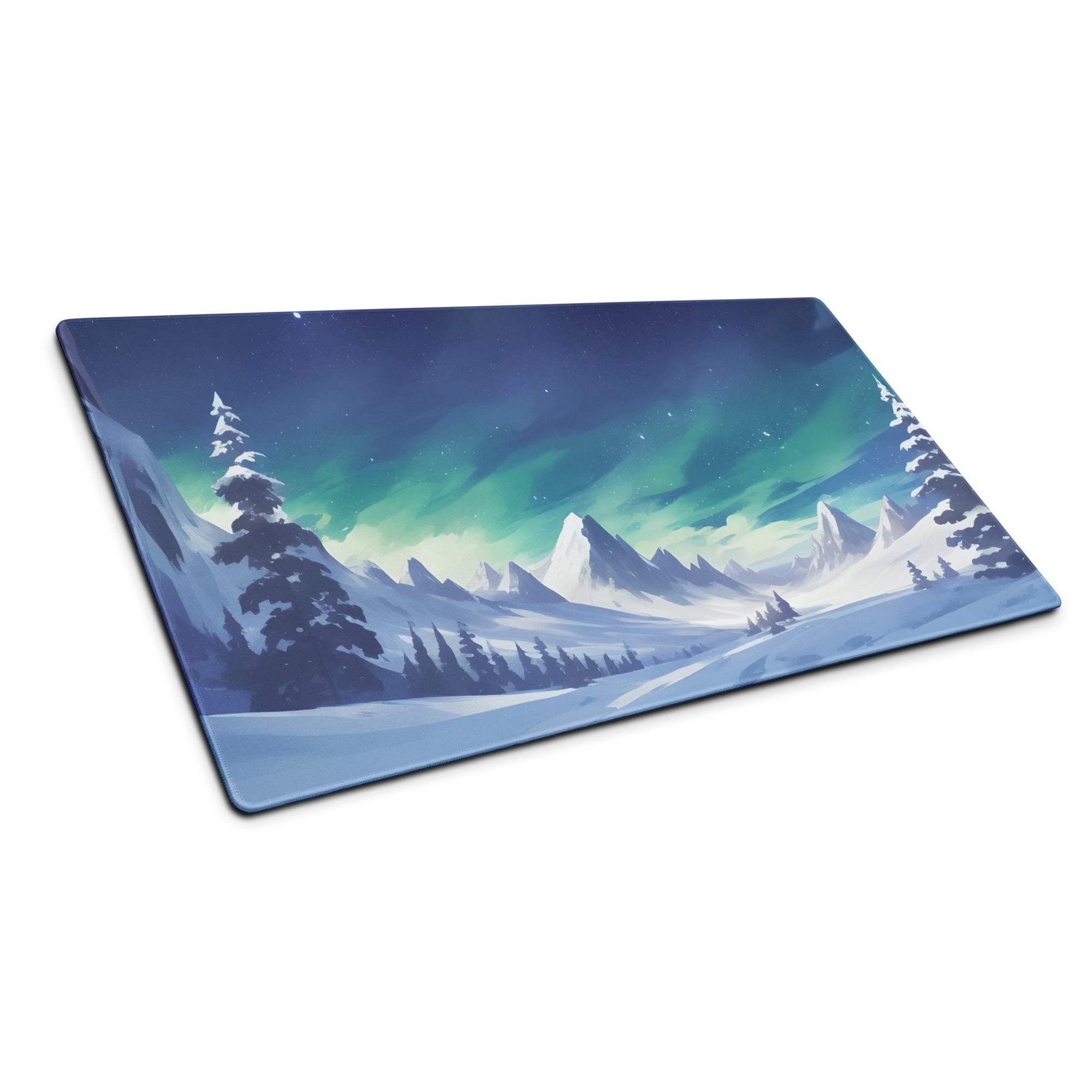 Epic Aurora Northern Lights gaming mouse pad with aurora over snowy mountains