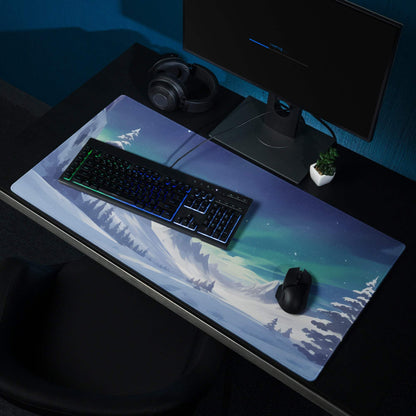 Blue and white aurora borealis gaming mousepad with snowy mountains, pine trees, large surface, non-slip backing