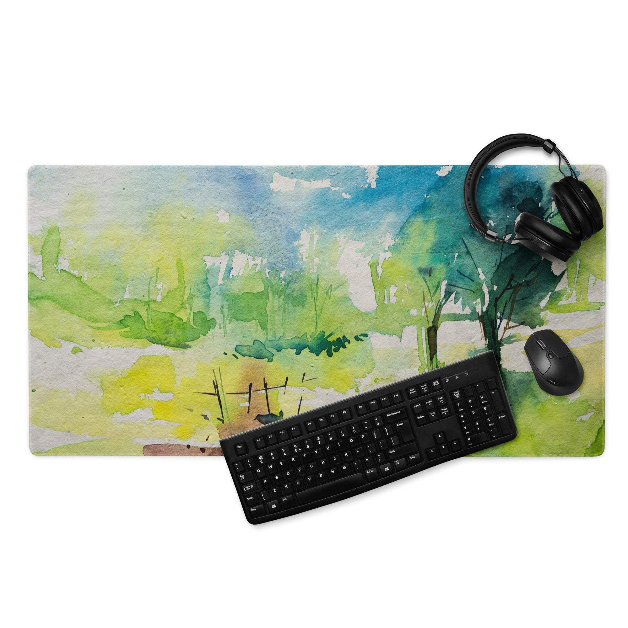 Pastel watercolor landscape gaming mouse pad with greens, fence, non-slip backing