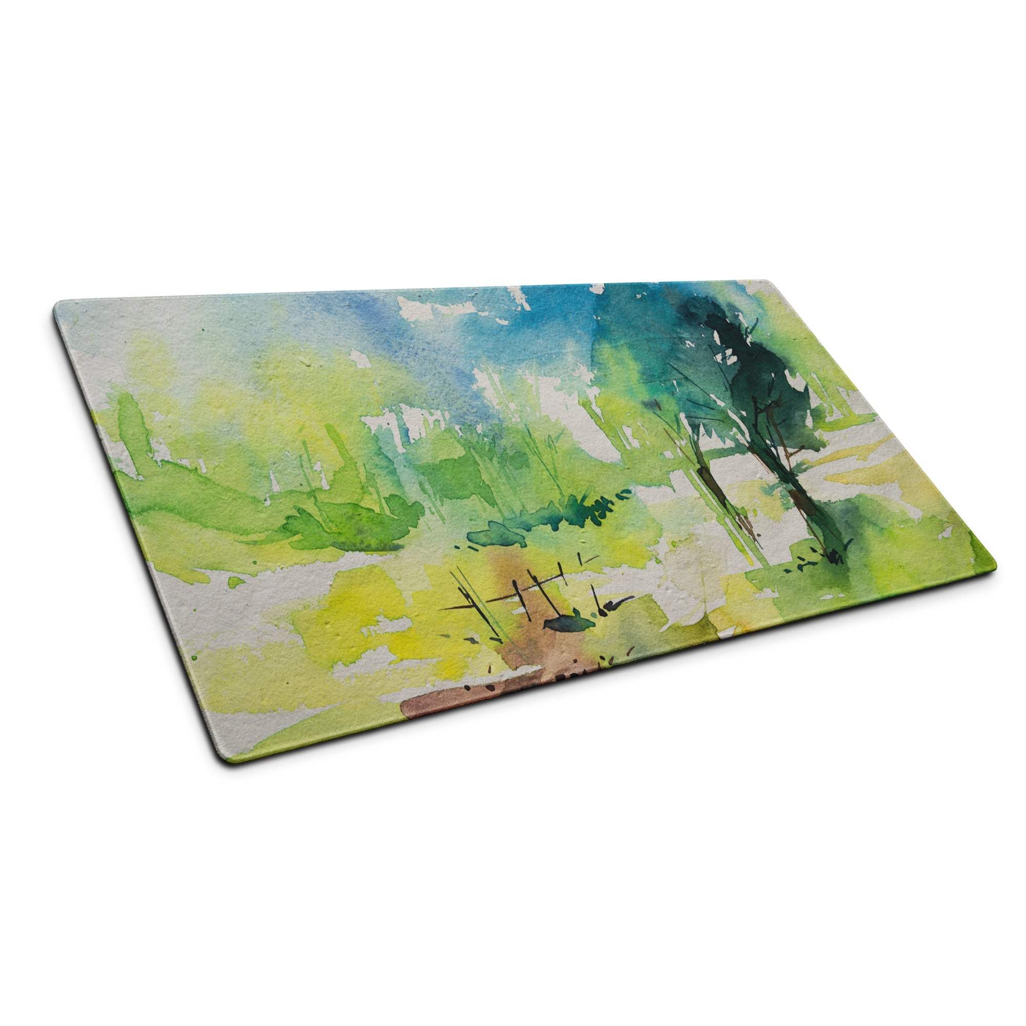 Rectangular glass cutting board with watercolor landscape in pastel greens, blues, yellows