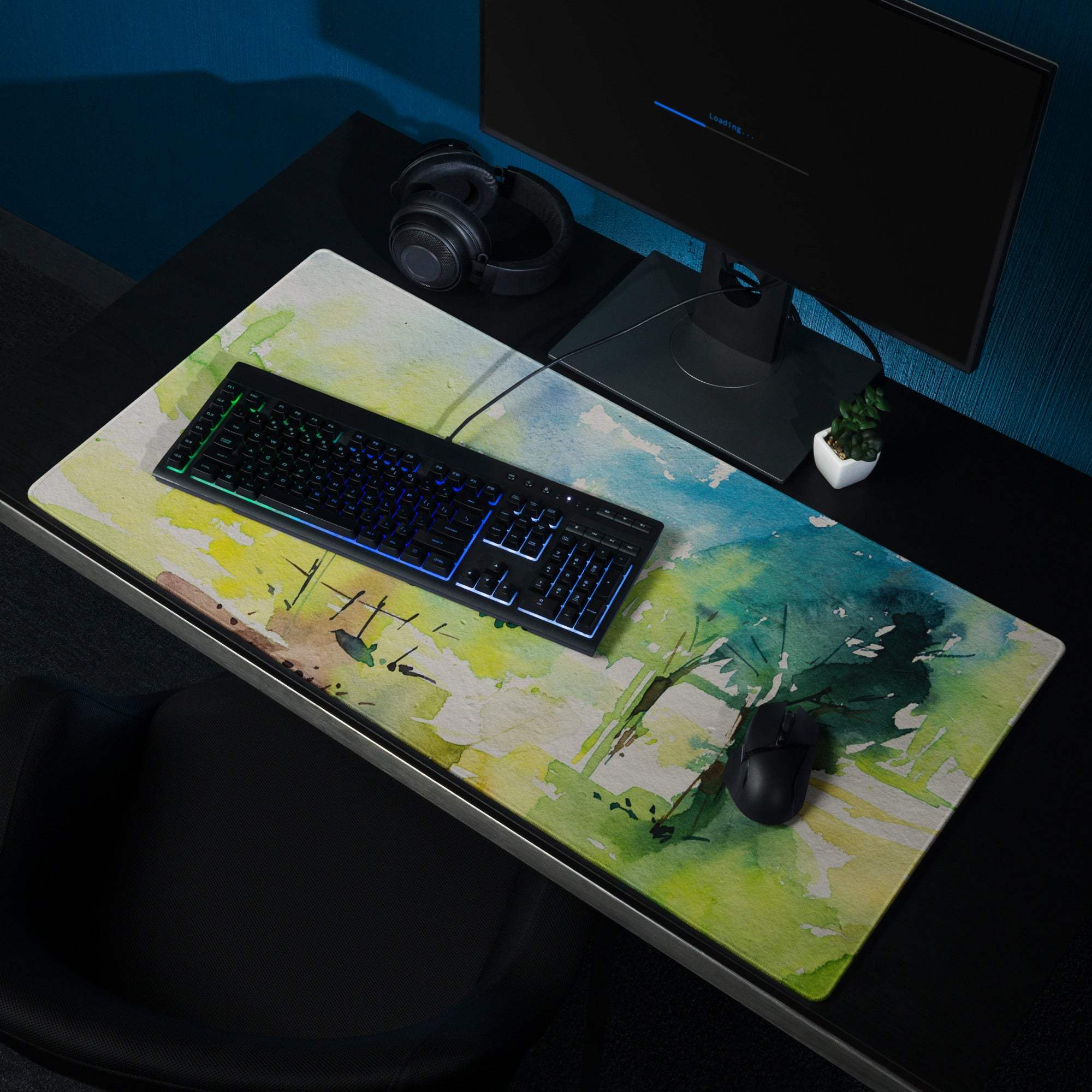 Pastel watercolor landscape gaming mouse pad with vibrant greens, yellows, blues, large size, non-slip backing