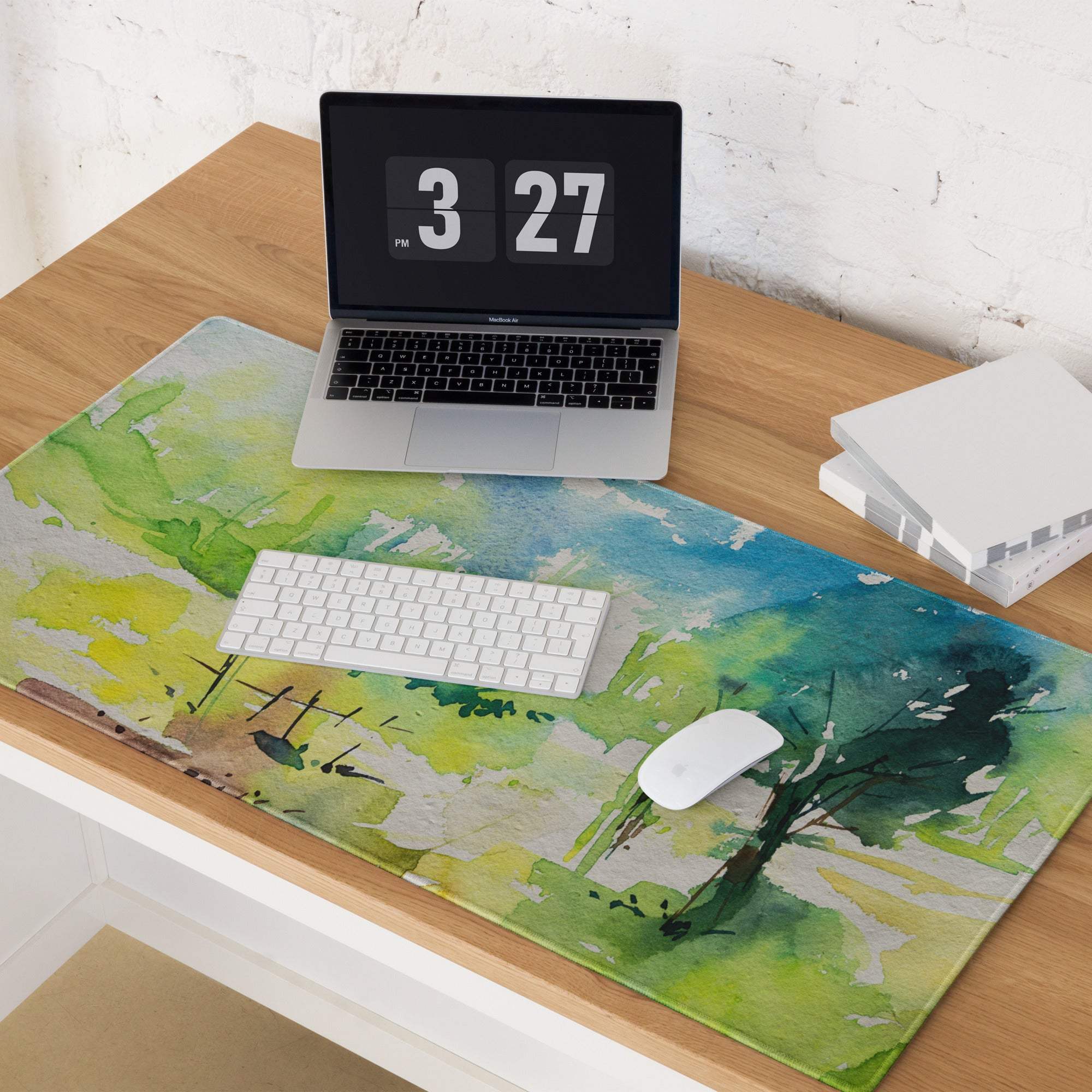 Pastel watercolor landscape gaming mouse pad in green blue yellow hues