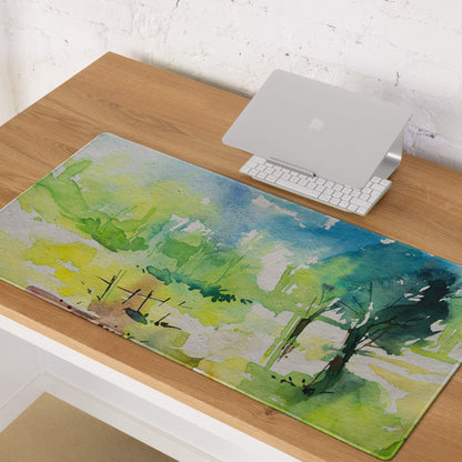 Pastel watercolor landscape gaming mouse pad with green blue yellow trees non-slip backing