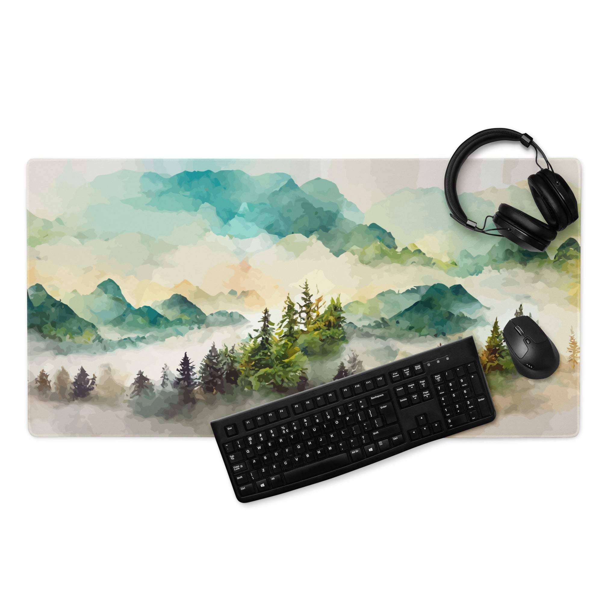 Watercolor mountain landscape pastel mist gaming mouse pad, large non-slip
